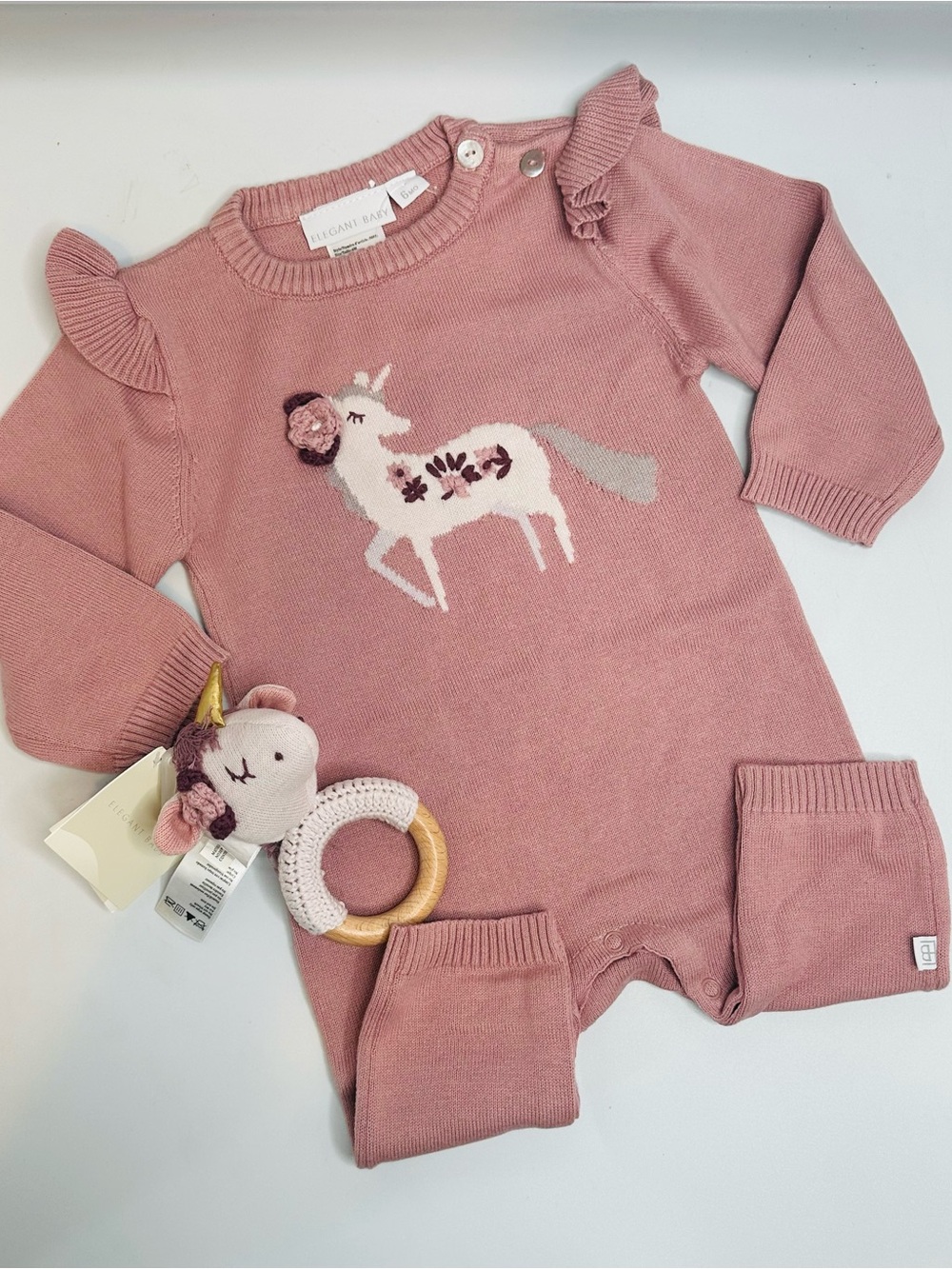 Elegant Pink Unicorn Knit Baby One-Piece -